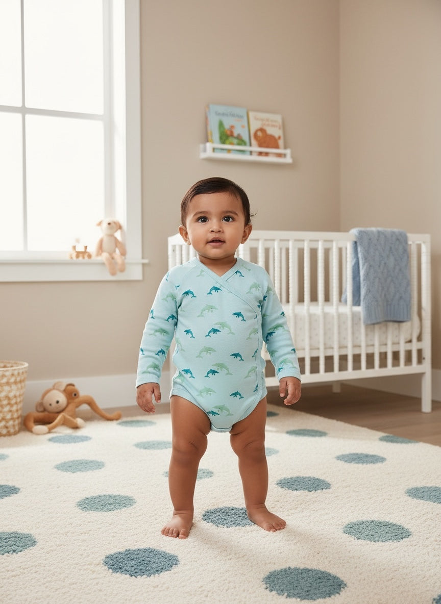 Organic Single Rib Knit Onesie - Full Sleeve Fish Print