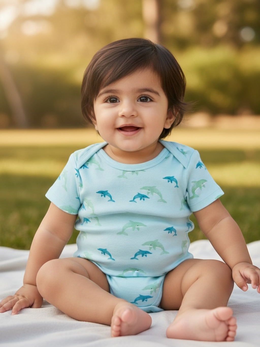 Organic Single Rib Knit Onesie - Half Sleeve Fish Print