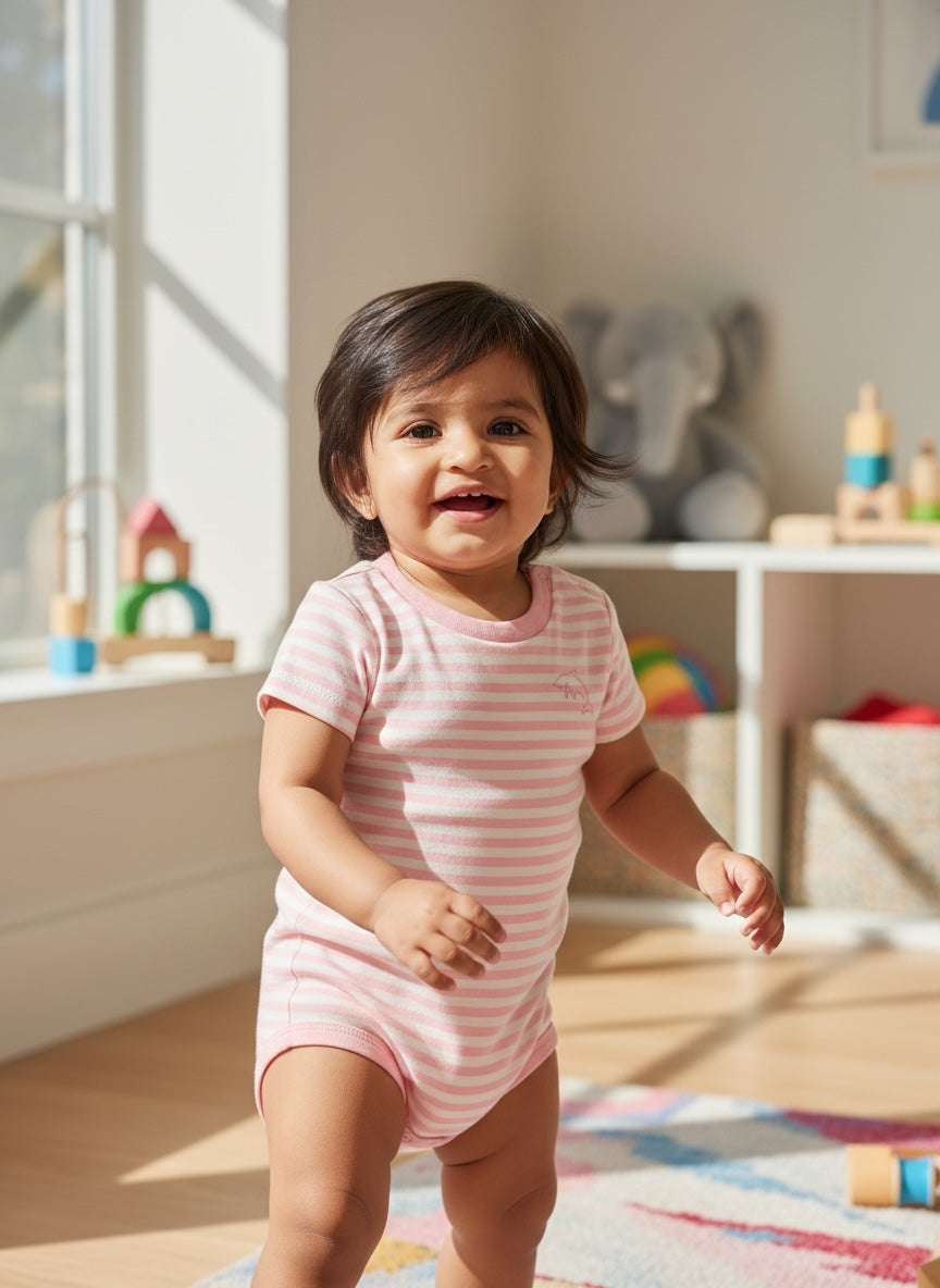 Organic Rib Knit Cotton Onesie - Half Sleeve Stripes