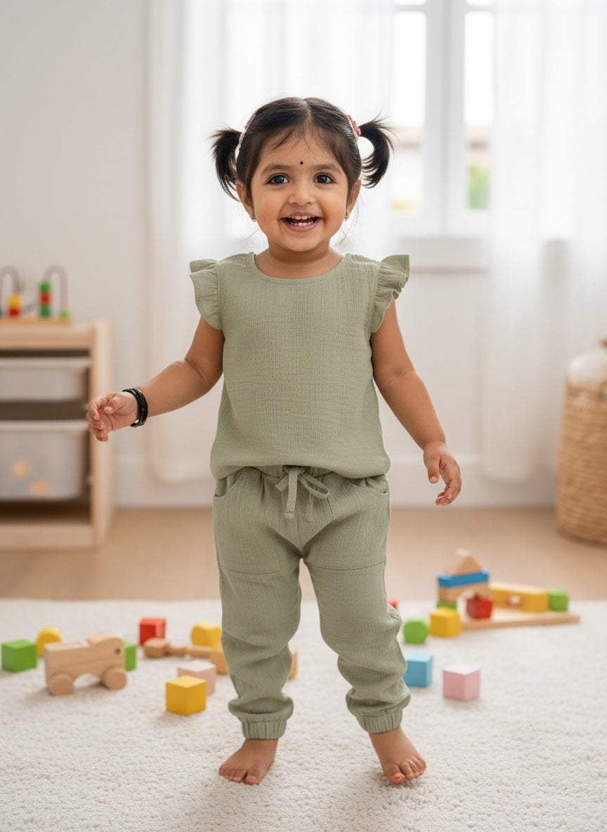 Organic Flutter Muslin Coord Set - Plain Top + Pants