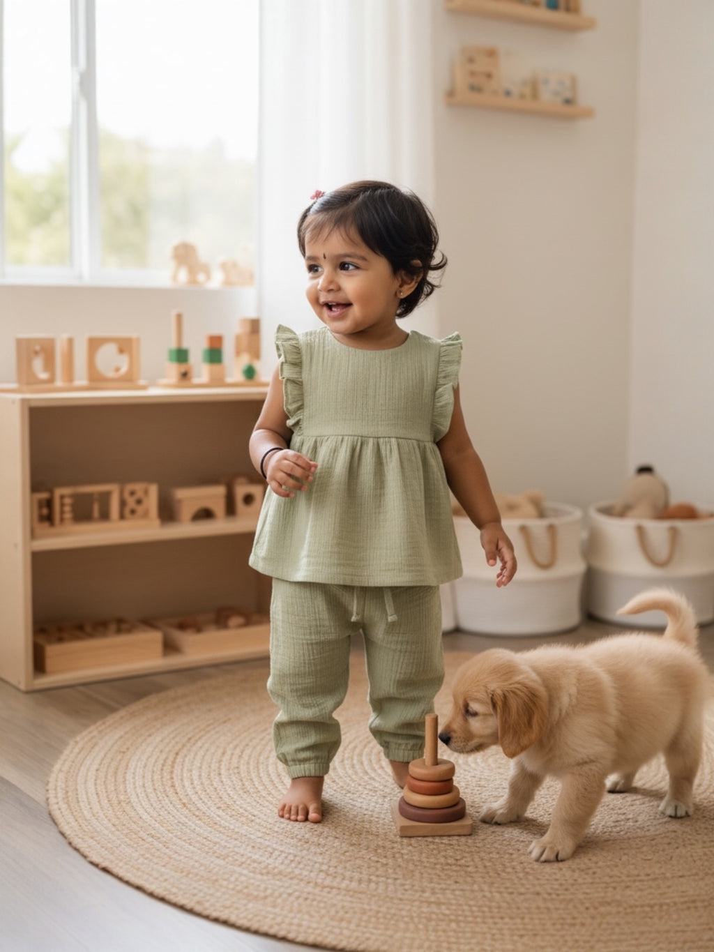 Organic Flutter Muslin Coord Set - Gathered Top + Pants